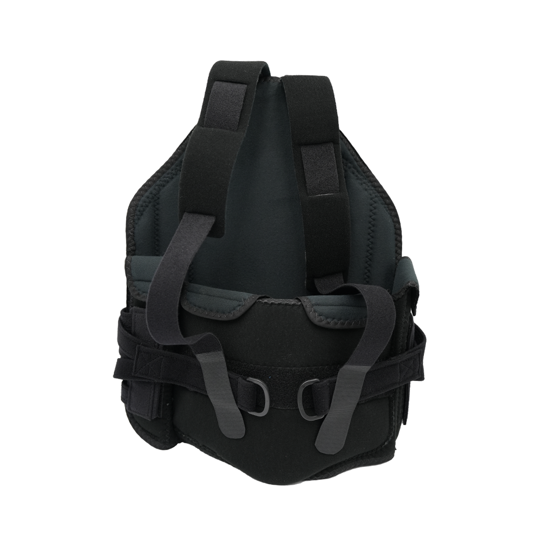 Black RCAI TLSO orthopedic brace with adjustable straps and hooks, made in the USA, best orthopedic braces for B2B.