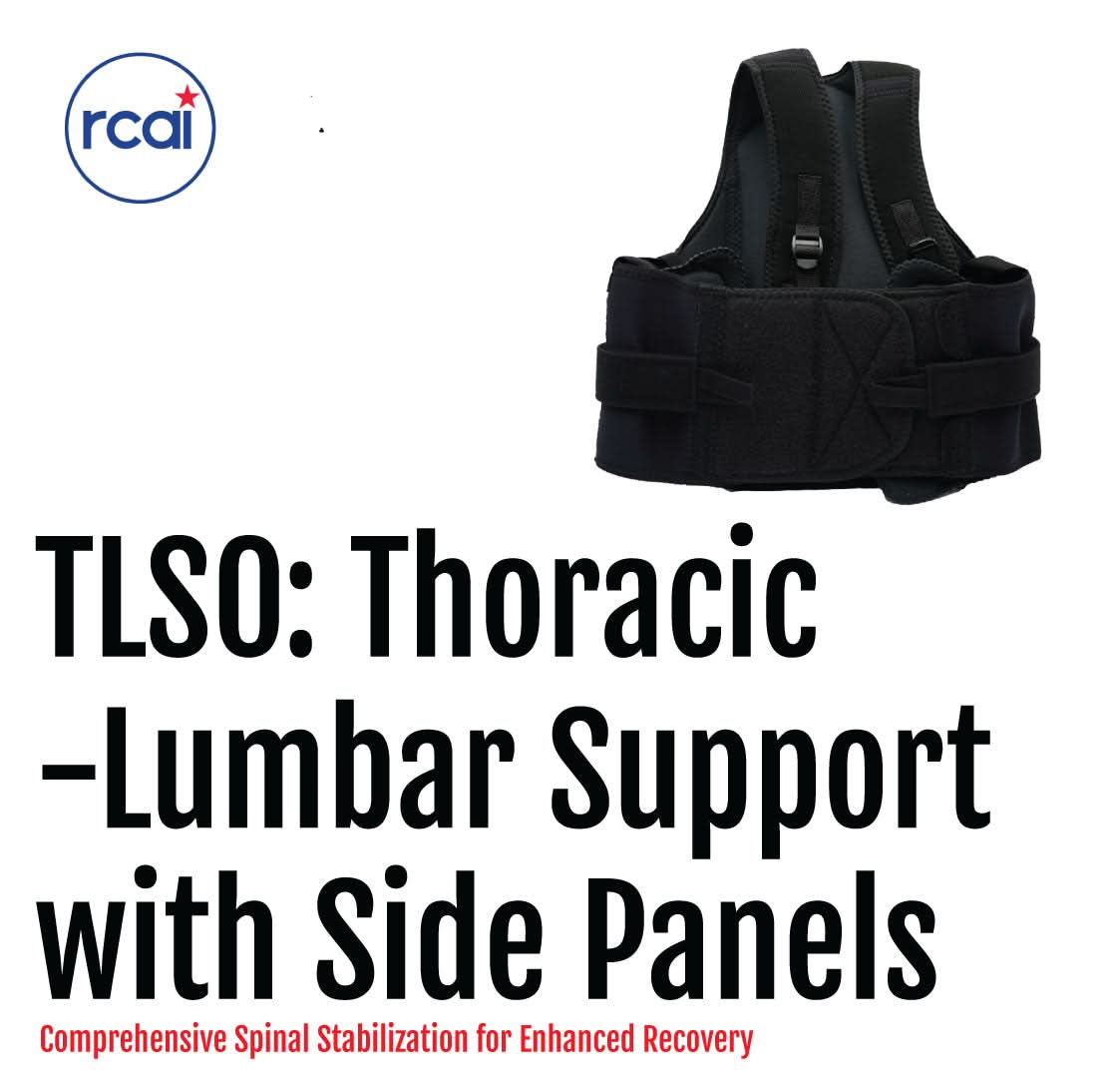 Black Thoracic Lumbar Support brace with wide side panels, adjustable straps, made in the USA by RCAI, best orthopedic brace .