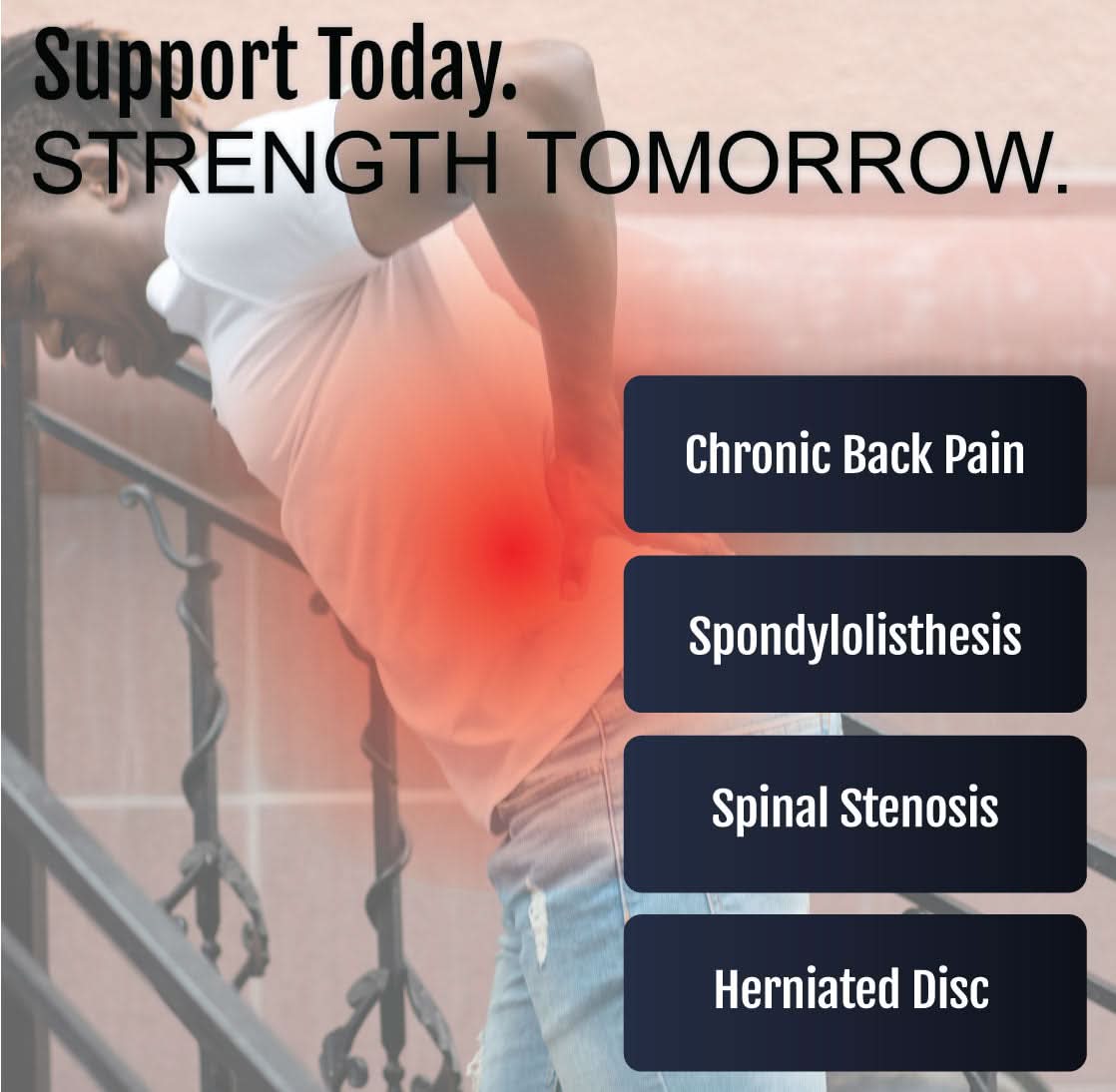 Man wearing black Thoracic Lumbar Support with side panels around midsection, emphasizing back support area, promoting best.