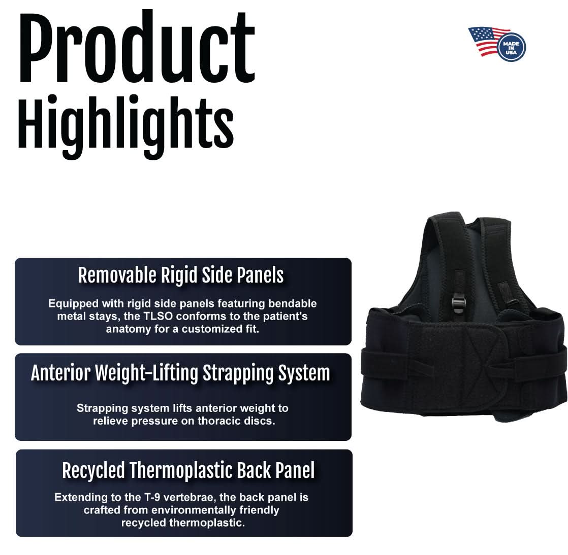 Black Thoracic Lumbar Support with rigid detachable side panels and adjustable anterior weight-lifting straps, labeled Made.