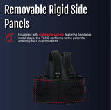 Black thoracic lumbar support brace with rigid removable side panels, adjustable straps, made in the USA, best orthopedic.