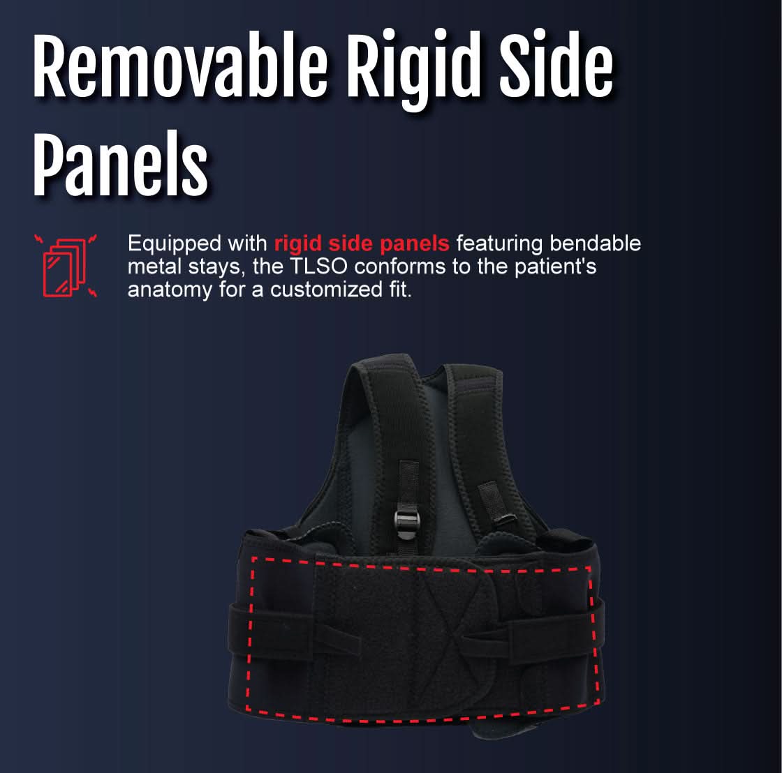Black thoracic lumbar support brace with rigid removable side panels, adjustable straps, made in the USA, best orthopedic.