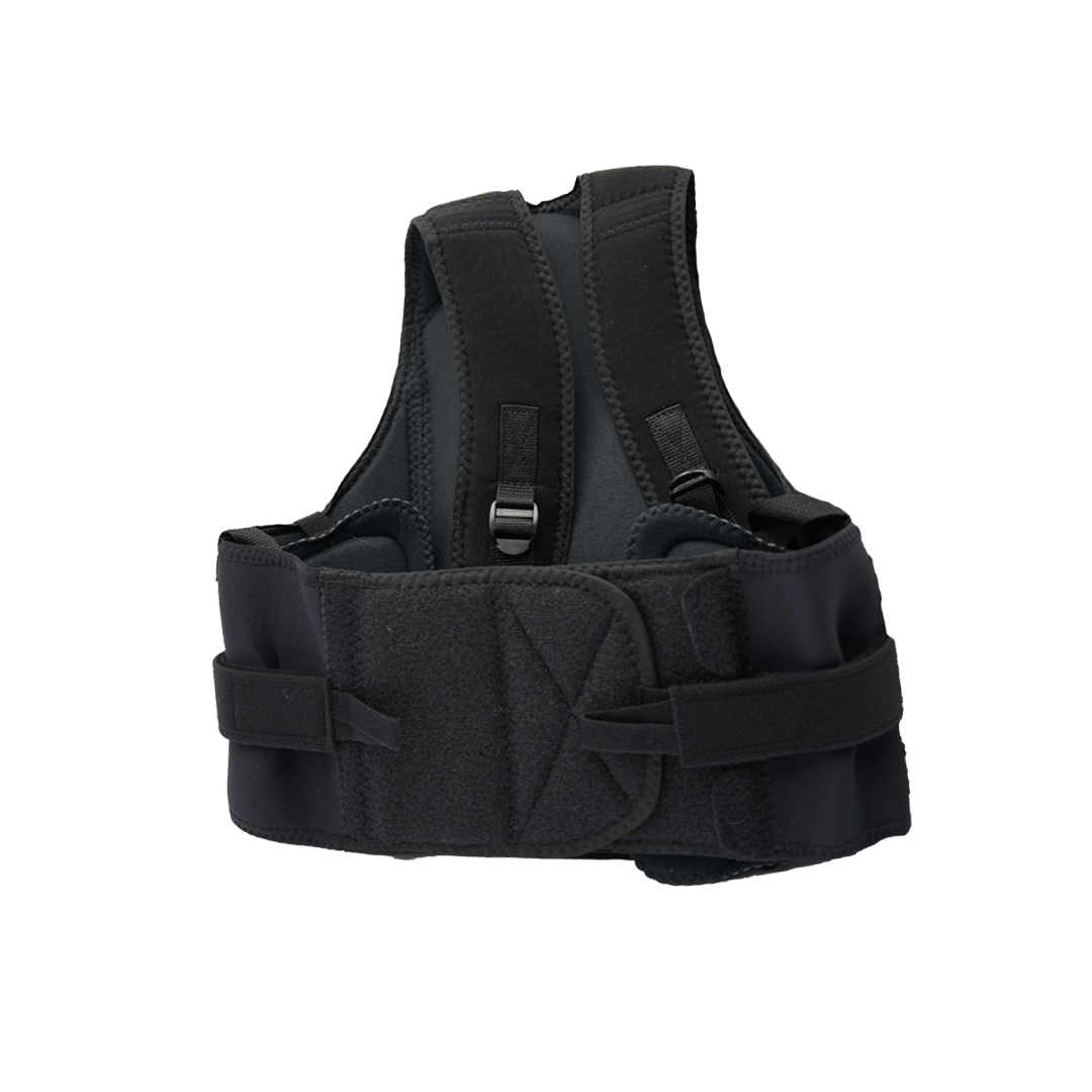 Black Thoracic Lumbar Support with adjustable side panels and padded straps, made in the USA, best orthopedic brace for b2b.