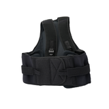 Black Thoracic Lumbar Support with padded side panels, adjustable straps, and reinforced back, made in the USA, RCAI.
