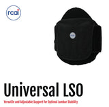 Black Universal LSO lumbar support brace with adjustable straps, rcai logo, made in the USA, best orthopedic braces for b2b.