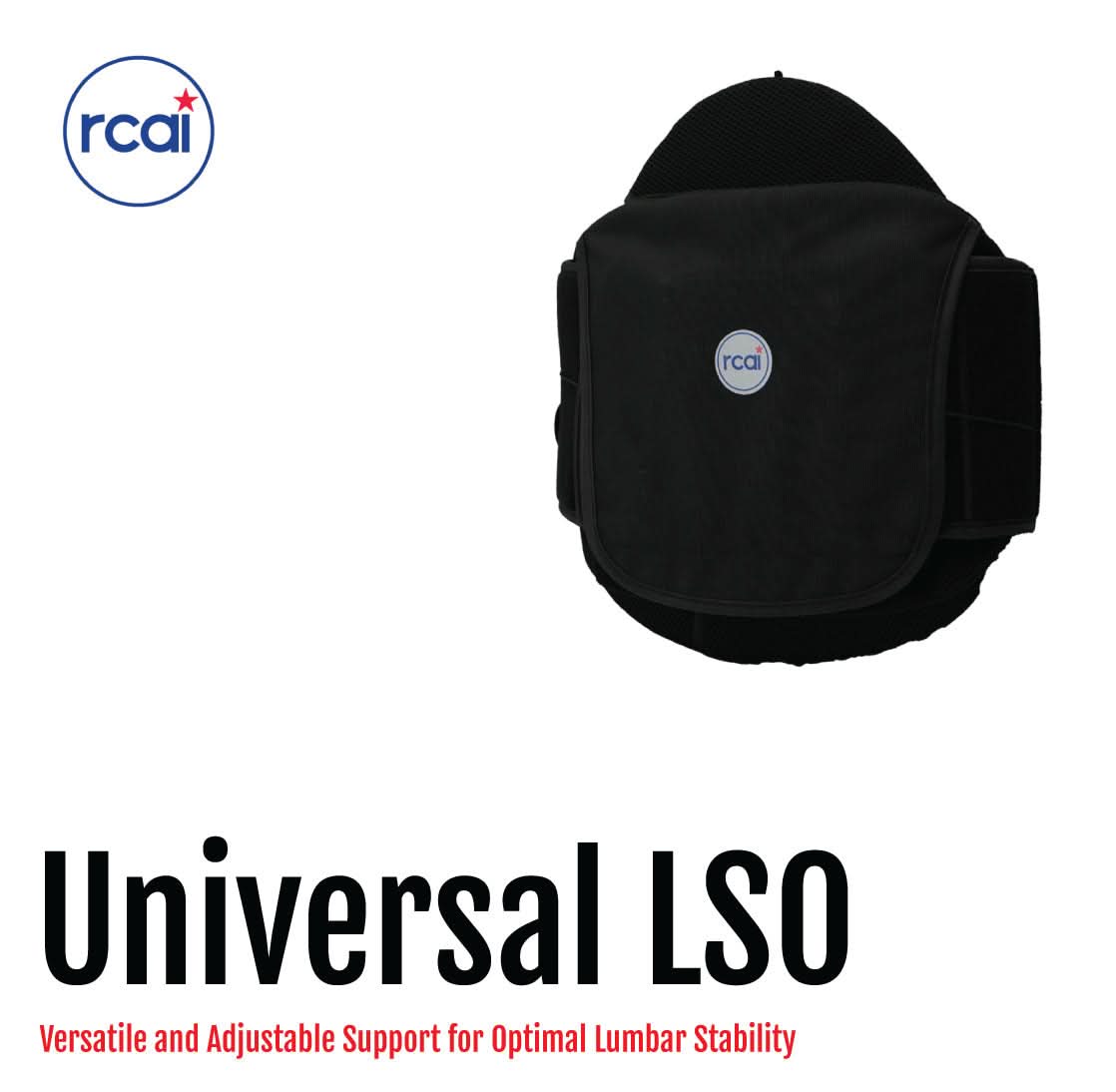 Black universal lumbar sacral orthosis brace with adjustable straps, RCAI logo, made in the USA, top choice for B2B.