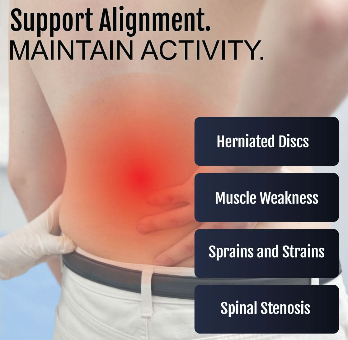 Back view of person wearing beige Universal LSO brace around lower back with red highlighted pain area, made in the USA,.