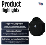 Universal LSO orthopedic brace with single-pull compression, black breathable fabric, customizable support panels, made in.
