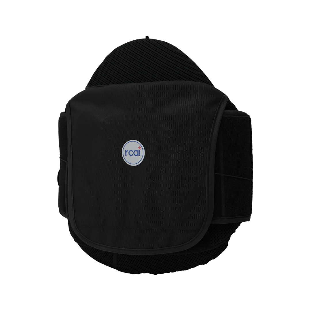 Black Universal LSO orthopedic brace with adjustable side straps, made in the USA, rcai logo, designed for B2B orthopedics.