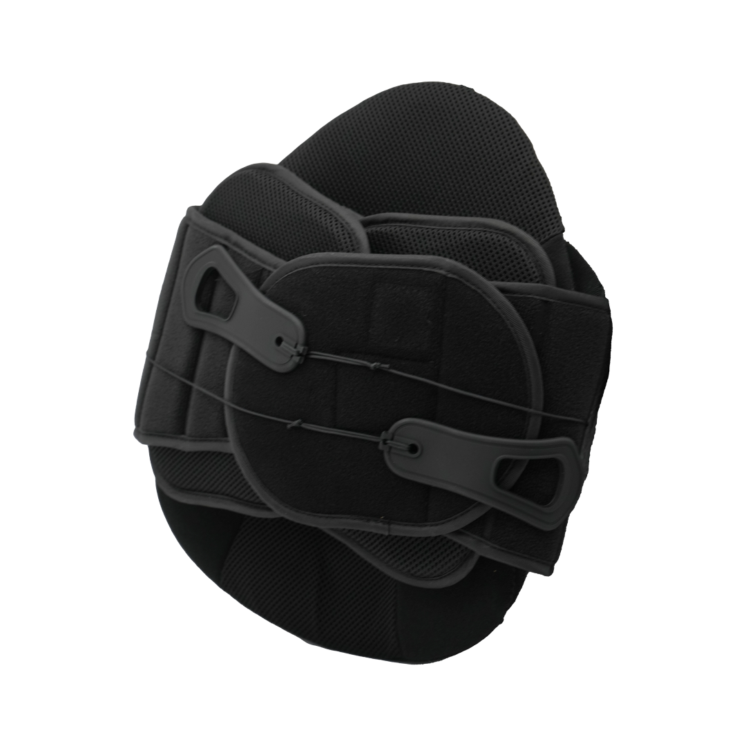 Black Universal LSO orthopedic brace with adjustable straps and rigid plastic supports, made in the USA, designed for b2b.