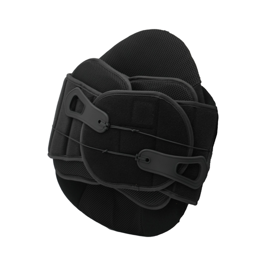 Black universal LSO back brace with adjustable straps and reinforced plastic supports, made in the USA, best orthopedic.