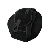 Black lumbar sacral orthotic brace with adjustable straps and sturdy plastic tensioners, breathable mesh panels, made in the .