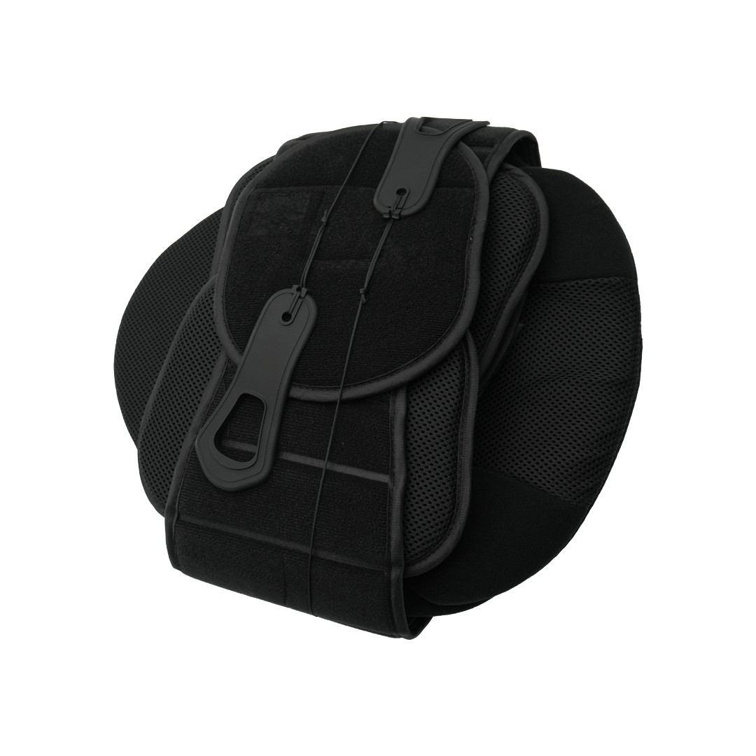 Black lumbar sacral orthotic brace with adjustable straps and sturdy plastic tensioners, breathable mesh panels, made in the .