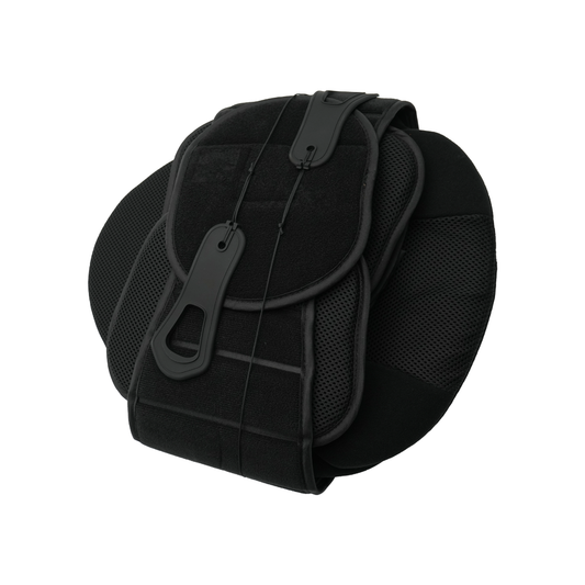 Black Universal LSO orthopedic brace with adjustable strap and rigid support panels, made in the USA, designed for B2B.