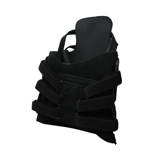 Black TLSO brace with multiple adjustable Velcro straps and contoured rigid support, made in the USA, high-quality best.