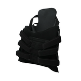 Black TLSO brace with multiple adjustable straps and rigid support panels, designed for strong torso stabilization,.