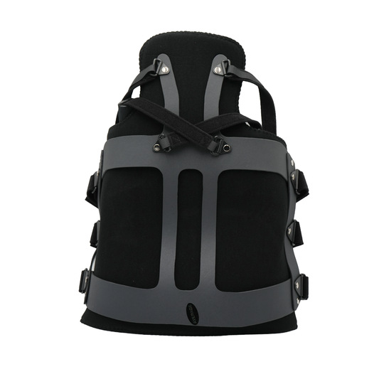 Black and gray rigid TLSO back brace with adjustable straps and padding, made in the USA, top choice for RCAI b2b.