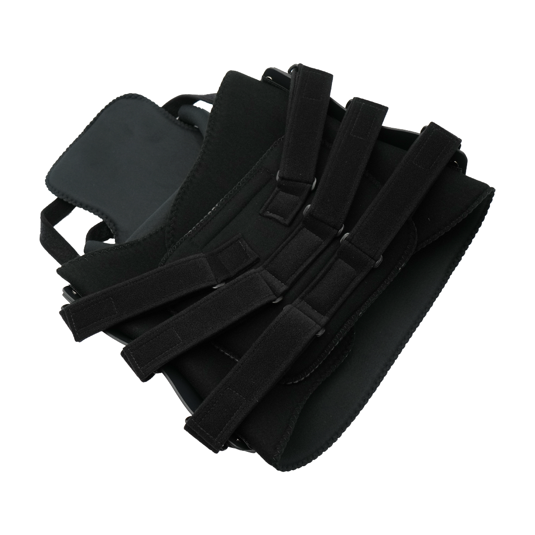 Black TLSO orthopedic brace with adjustable Velcro straps and padded interior, made in the USA by RCAI, ideal for B2B.