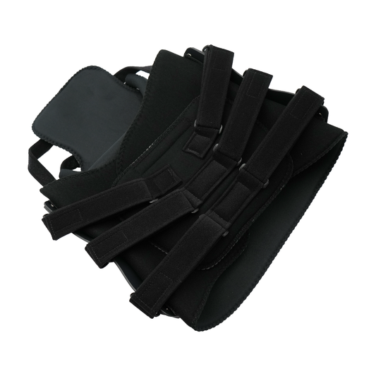 Black TLSO orthopedic brace with multiple adjustable Velcro straps, designed for spinal support, made in the USA by RCAI,.