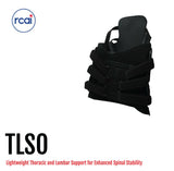 Black TLSO brace with multiple adjustable straps and lumbar support panel, made in the USA, best orthopedic braces by RCAI,.