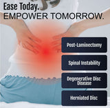 Youth TLSO back brace shown on a person with highlighted lower back pain areas in red, promoting post-laminectomy support,.