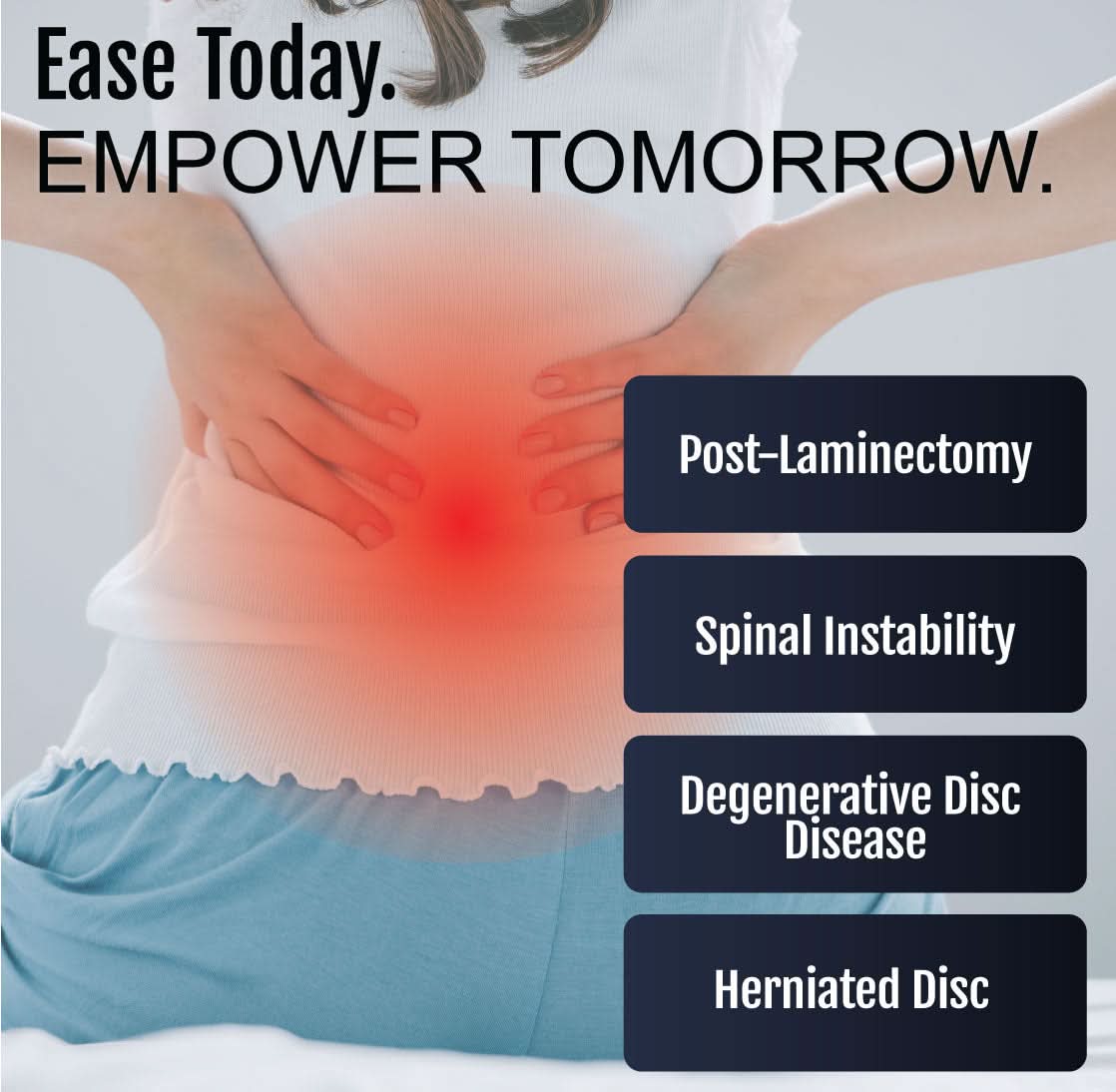 Youth TLSO back brace shown on a person with highlighted lower back pain areas in red, promoting post-laminectomy support,.