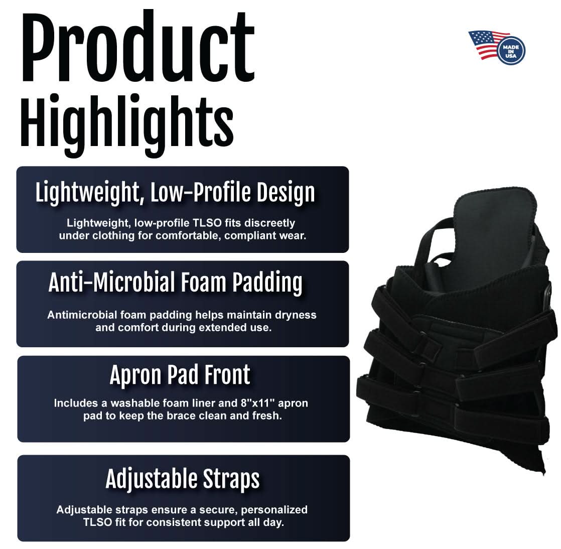 TLSO brace features lightweight, low-profile design with antimicrobial foam padding and washable apron pad, black color,.