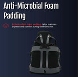 Black and gray TLSO back brace showing anti-microbial foam padding for comfort and dryness, made in the USA, RCAI quality,.