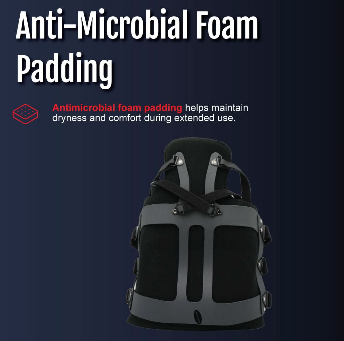Black and gray TLSO back brace showing anti-microbial foam padding for comfort and dryness, made in the USA, RCAI quality,.