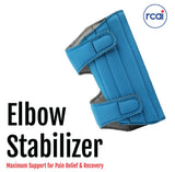 Blue RCAI elbow stabilizer with adjustable Velcro straps, breathable fabric, labeled made in the USA, designed for best.