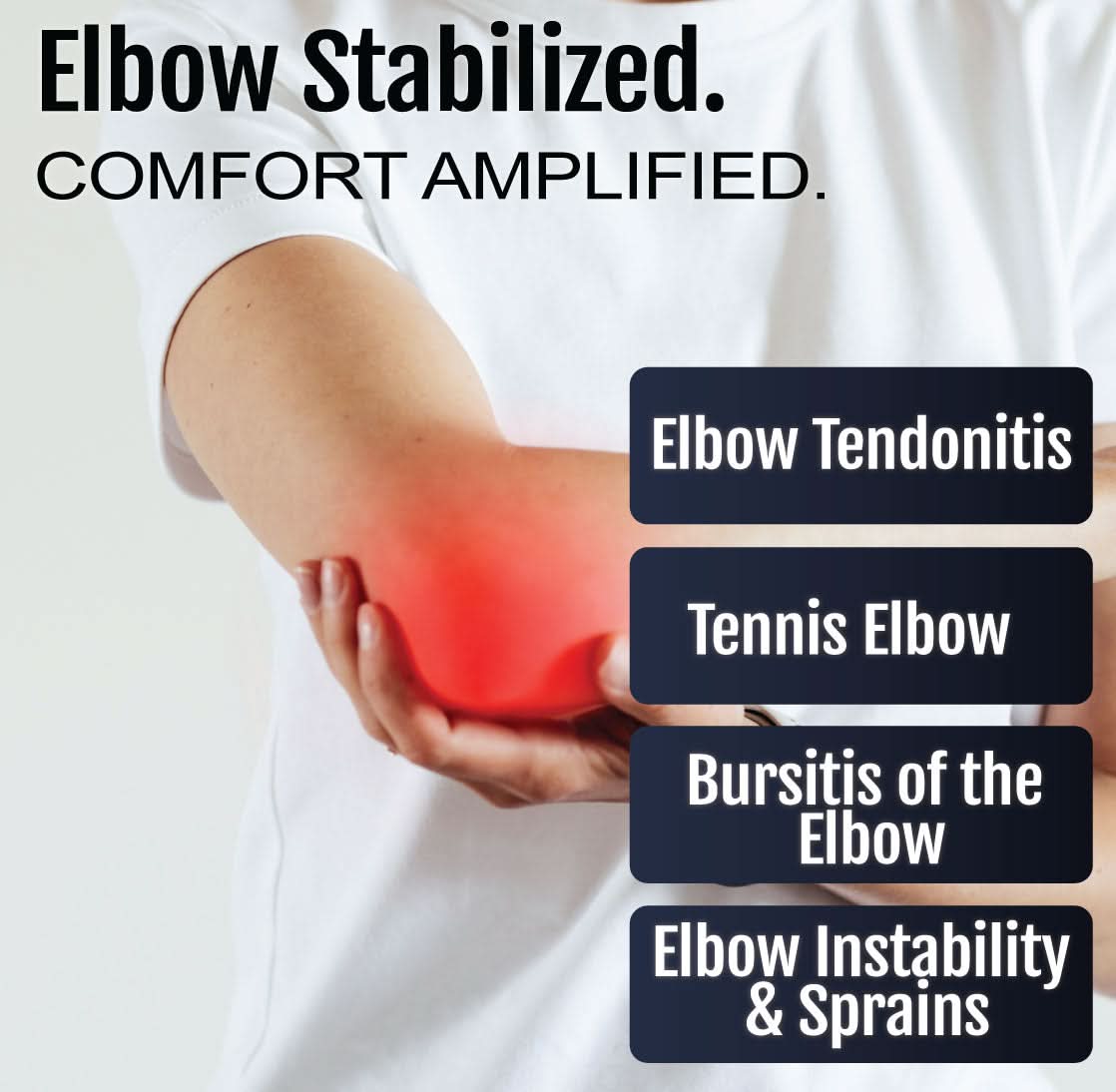 Arm wearing a white RCAI elbow stabilizer brace highlighting red pain area on elbow, promoting relief for tendonitis, tennis .