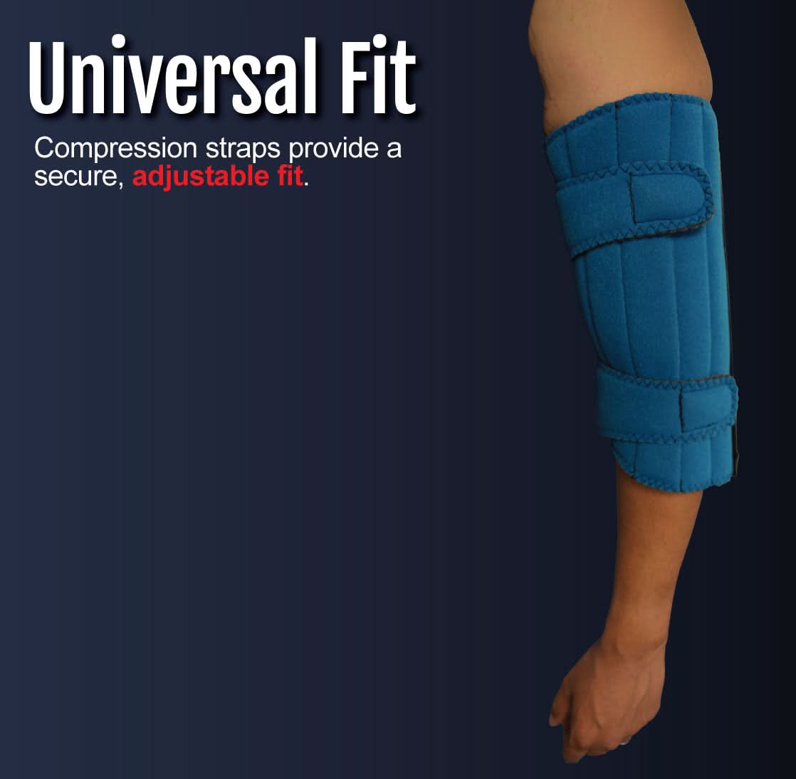 Blue pediatric elbow stabilizer brace with adjustable compression straps on bent arm, made in the USA, best orthopedic.