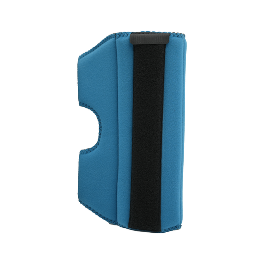 Blue RCAI elbow stabilizer with black adjustable strap, contoured padding, and hook-and-loop closure, made in the USA, best.