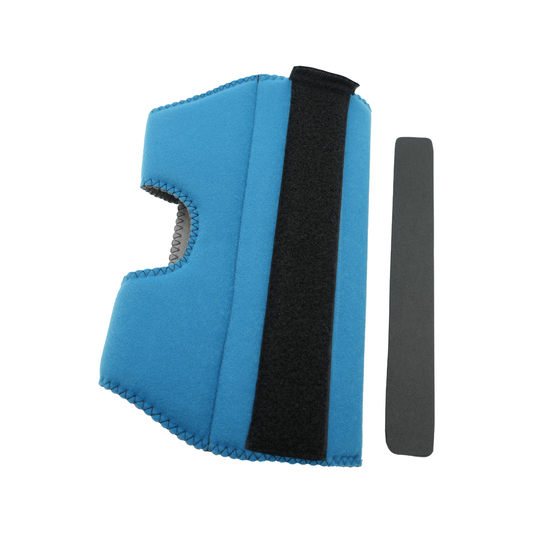 Blue neoprene RCAI elbow stabilizer with black adjustable strap and separate gray rigid support, made in the USA, best.