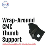 Black wrap-around CMC thumb support with adjustable strap and buckle, compact design, made in the USA, RCAI logo visible,.