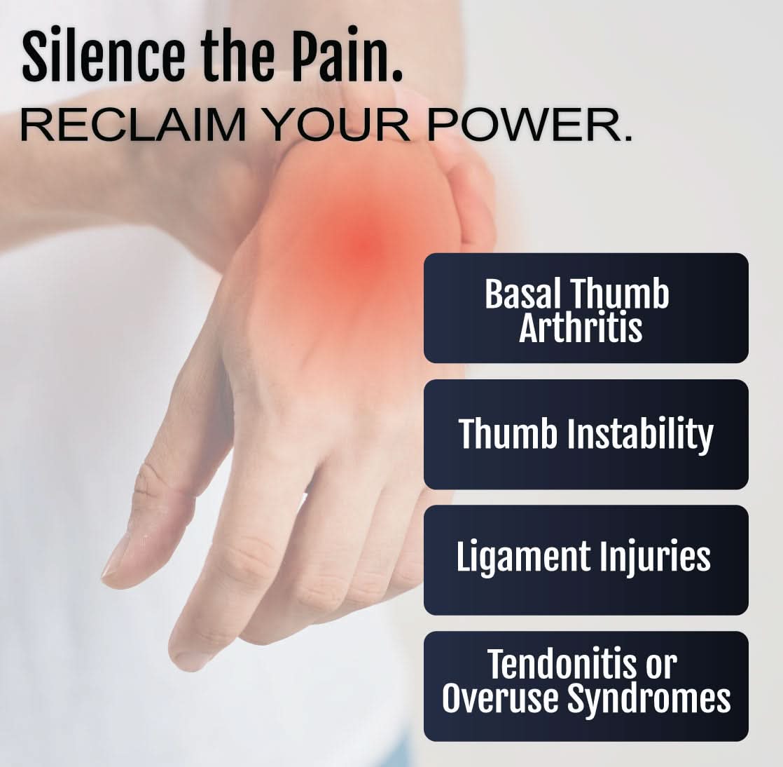 Hand wearing a Wrap Around CMC Thumb Support highlighting red area on thumb base with text listing basal thumb arthritis,.