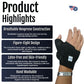 Black neoprene wrap-around thumb support with adjustable straps, breathable and latex-free, made in the USA, best orthopedic .