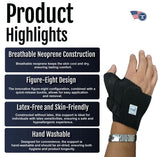 Wrap Around CMC Thumb Support in black breathable neoprene with figure-eight design and quick-release buckle, highlighting.