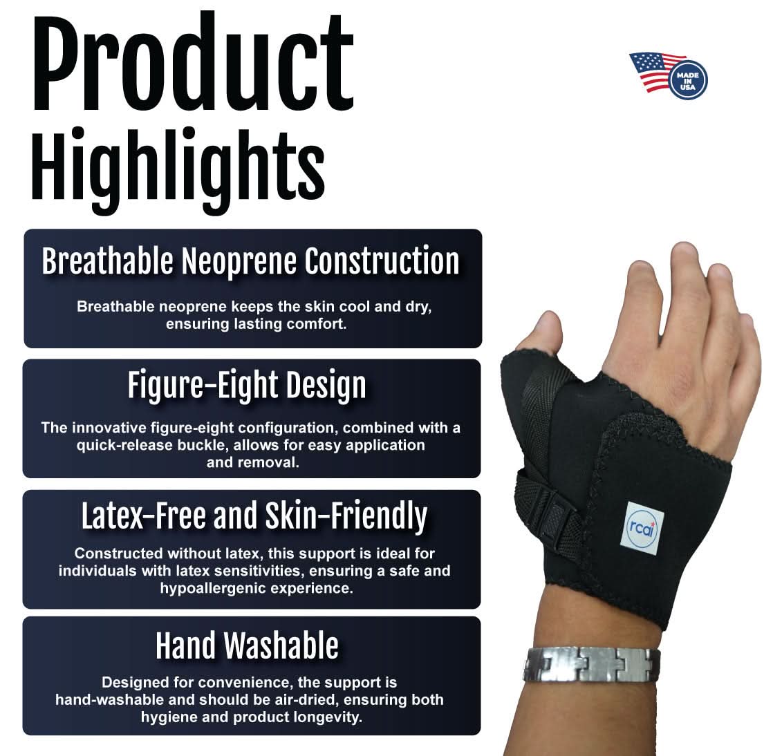 Black neoprene wrap-around thumb support with adjustable straps, breathable and latex-free, made in the USA, best orthopedic .