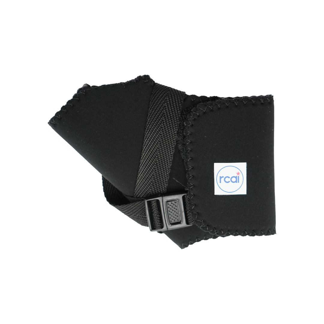 Black wrap-around thumb support brace with adjustable strap and buckle, scalloped edges, rca i label, made in the USA, best.