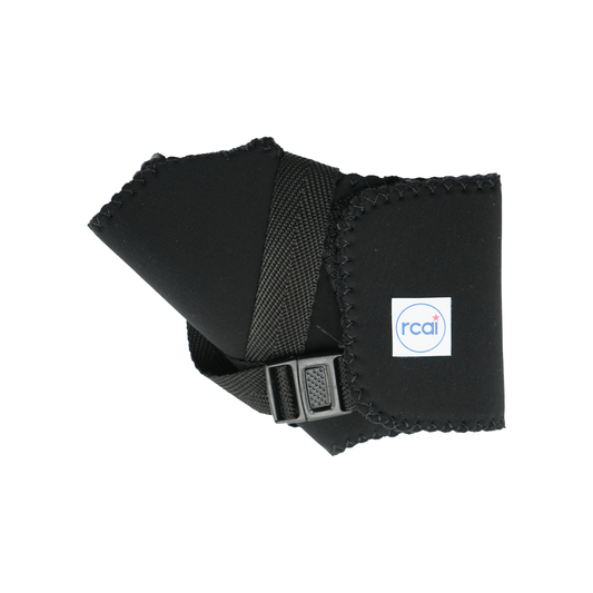Black wrap-around thumb support brace with adjustable strap and buckle, scalloped edges, rca i label, made in the USA, best.