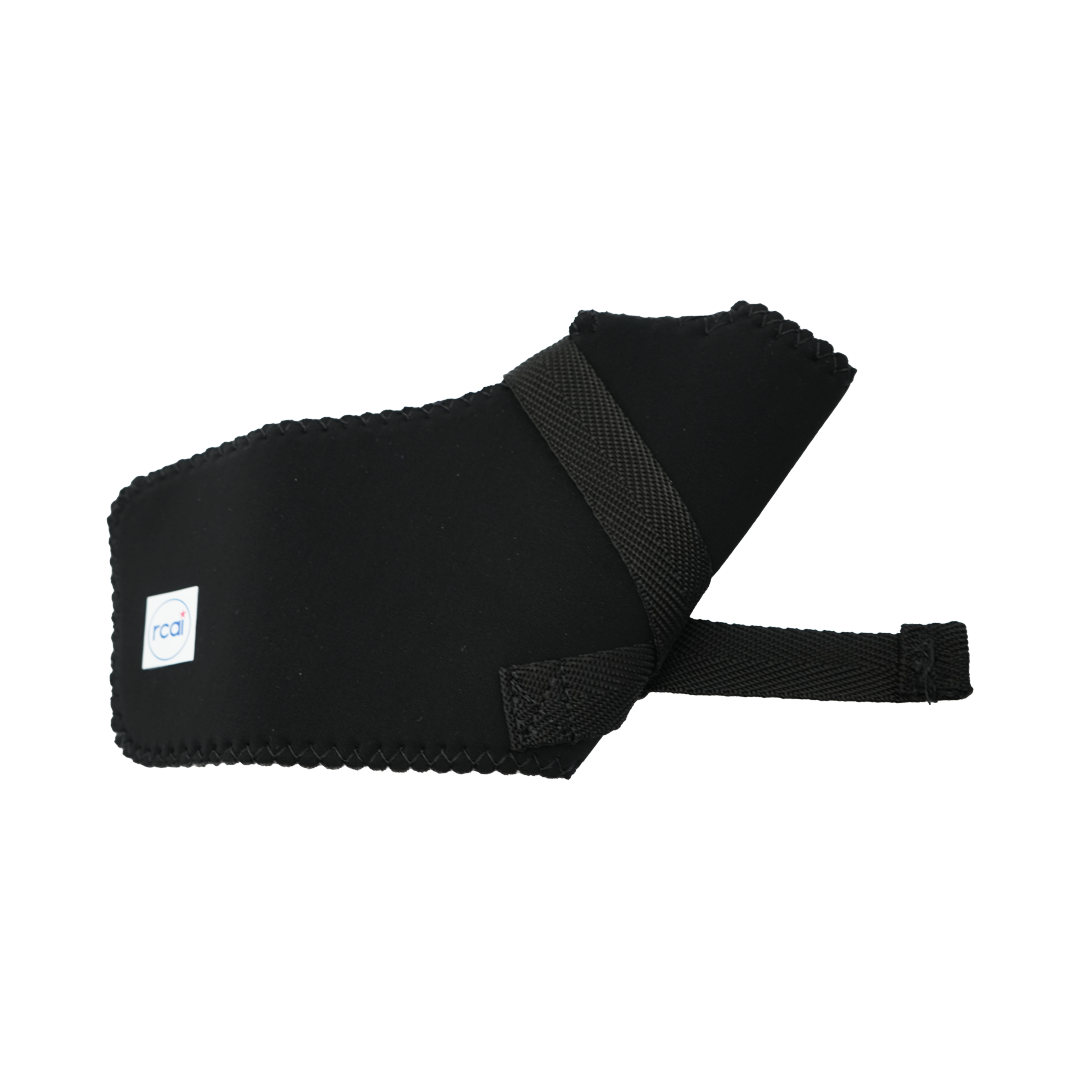 Black wrap-around thumb support with adjustable strap and hook-and-loop closure, made in the USA, RCAI logo visible,.