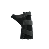 Black pediatric wrist thumb support brace with three adjustable Velcro straps, contoured shape for right hand, made in the.