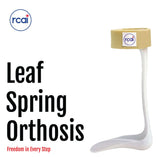 White lightweight RCAI Leaf Spring Orthosis for foot drop with beige adjustable ankle strap, made in the USA, best.
