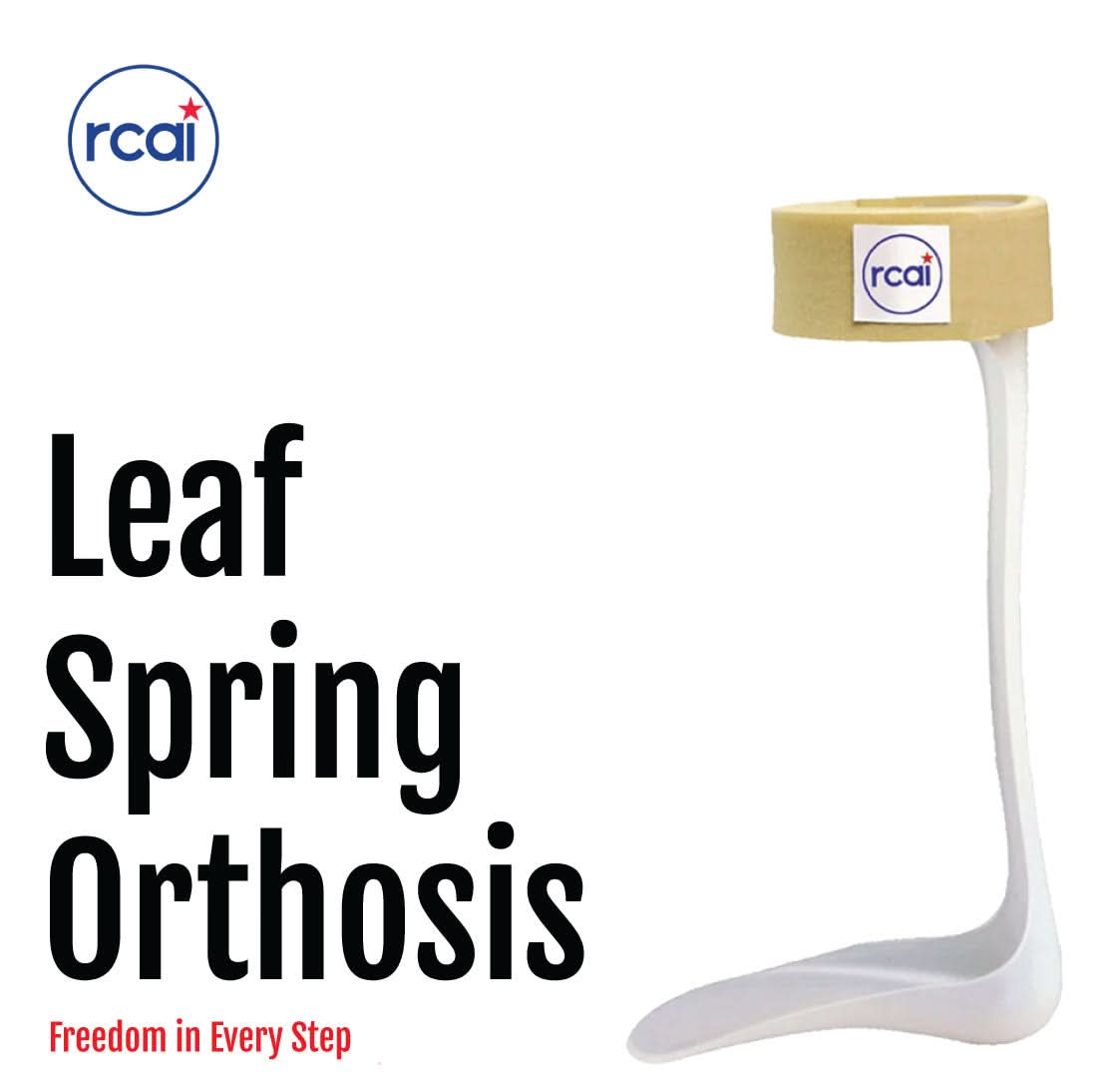 White lightweight RCAI Leaf Spring Orthosis for foot drop with beige adjustable ankle strap, made in the USA, best.