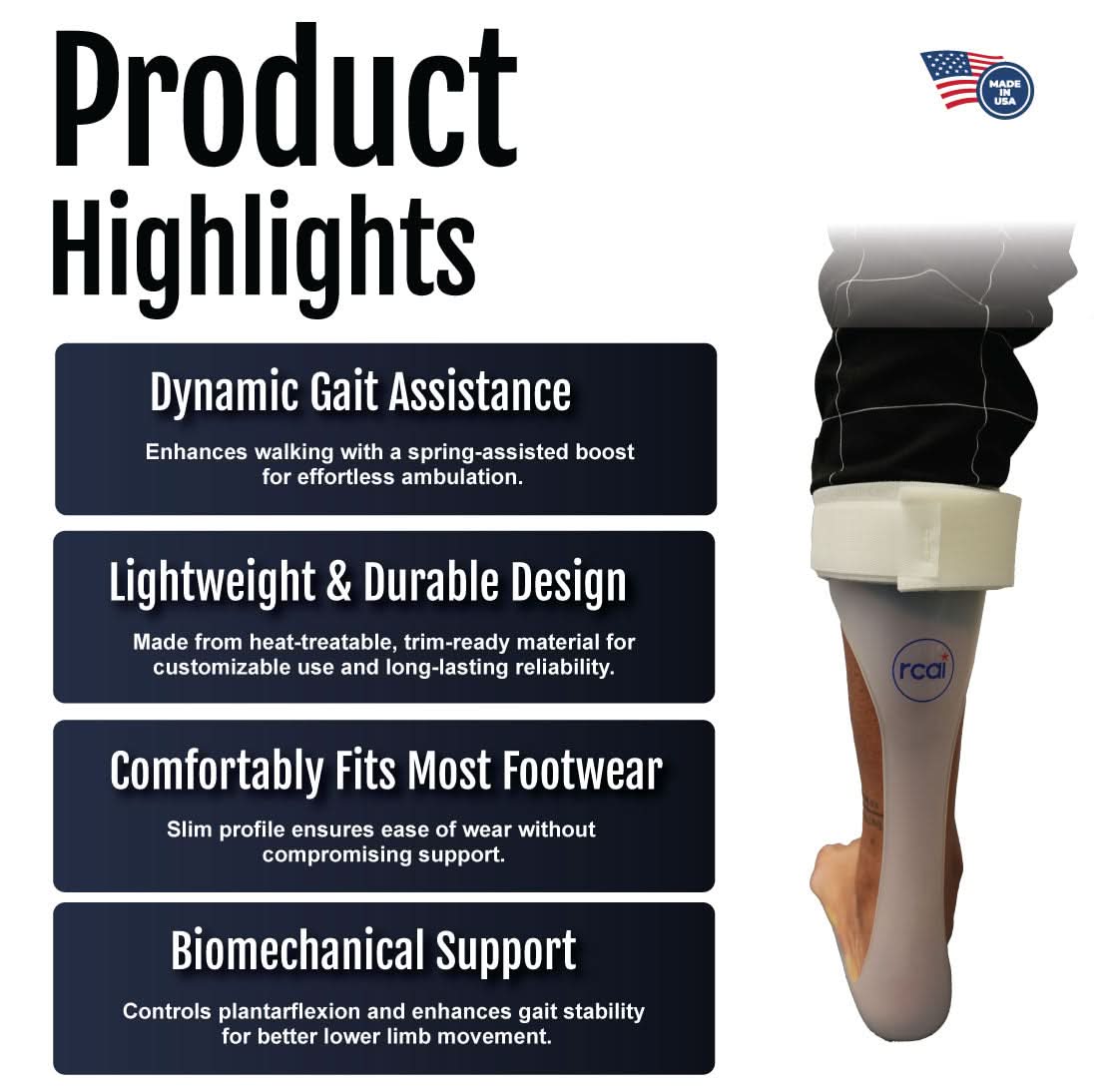 RCAI lightweight black Leaf Spring Orthosis AFO for foot drop with beige foot section, made in the USA, best orthopedic.