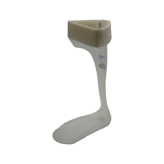 Lightweight RCAI leaf spring orthosis AFO in white with beige cushioned cuff, made in the USA, best orthopedic brace.