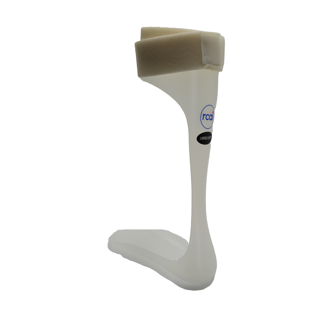 White lightweight RCAI Leaf Spring Orthosis AFO with beige adjustable padded strap, made in the USA, best orthopedic brace.
