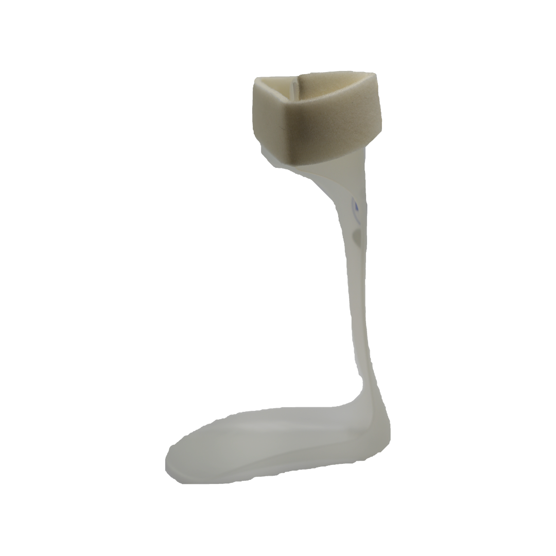 Lightweight white RCAI leaf spring orthosis AFO with beige cushioned top cuff, made in the USA, best orthopedic brace for.