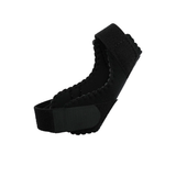 Black pediatric universal thumb support brace with adjustable Velcro straps and textured inner padding, made in the USA,.